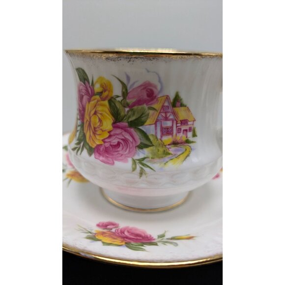 ROYAL DOVER Bone China Footed Teacup Saucer Gold Trim Cottage Rose Elegant - Picture 6 of 16